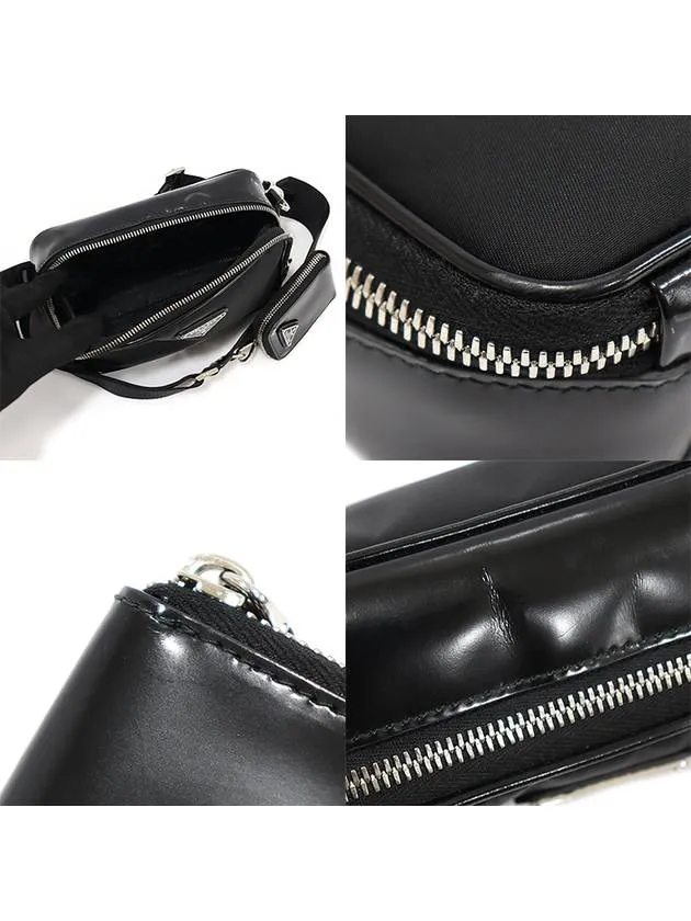 2VH070 Black Re nylon Brushed Leather Silver Triangle Brick Cross Bag