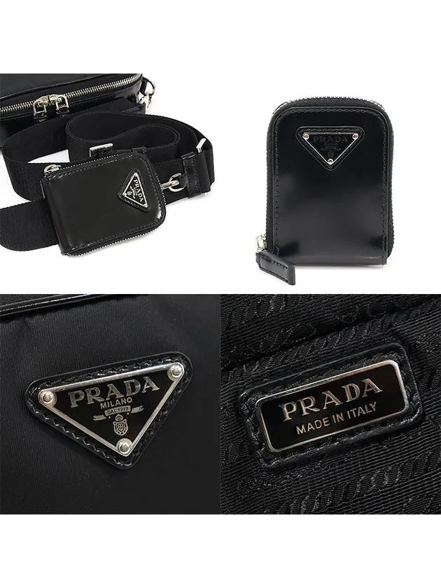 2VH070 Black Re nylon Brushed Leather Silver Triangle Brick Cross Bag