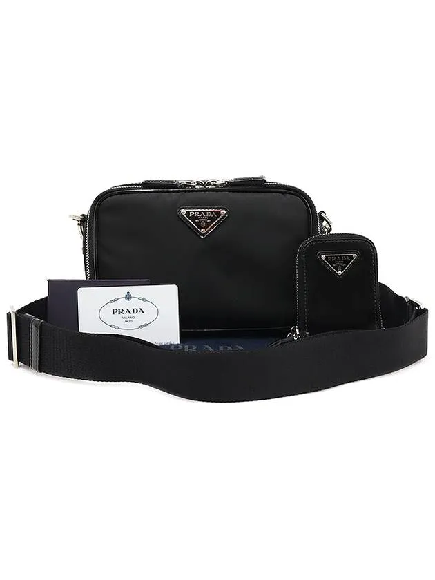 2VH070 Black Re nylon Brushed Leather Silver Triangle Brick Cross Bag