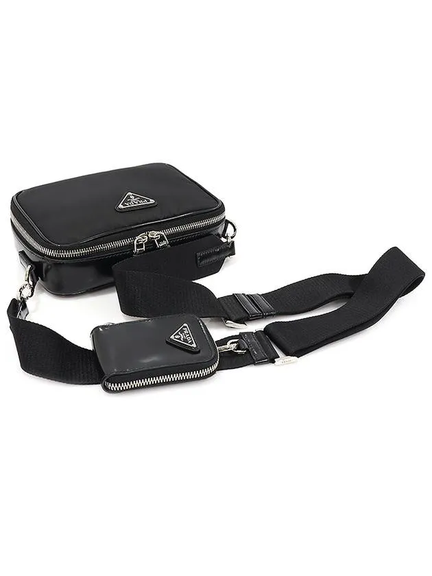 2VH070 Black Re nylon Brushed Leather Silver Triangle Brick Cross Bag