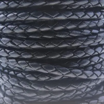 4mm Braided Black Round Leather Cord by the Foot