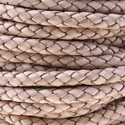6mm Braided Natural Round Leather Cord with Hollow Core by the Foot