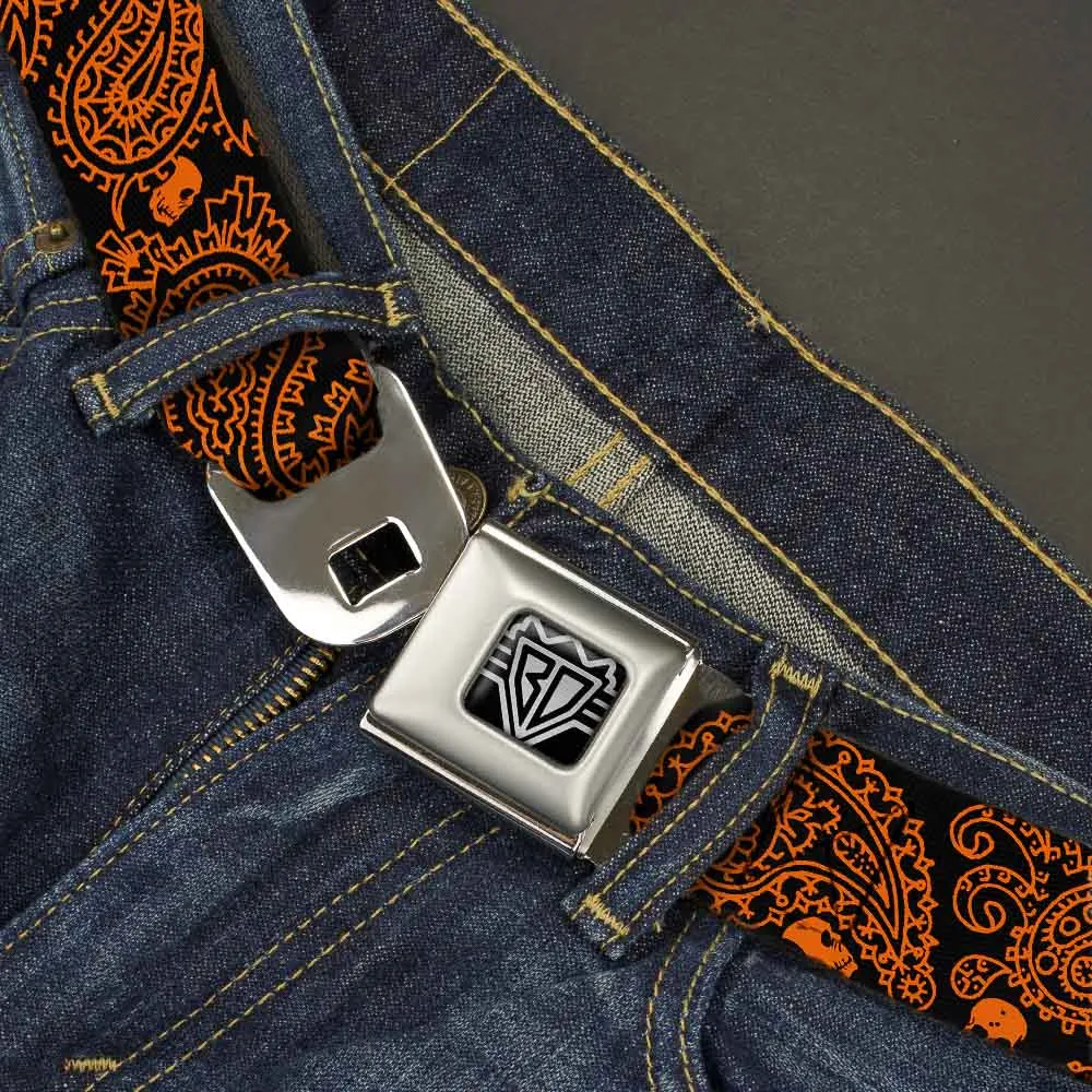 BD Wings Logo CLOSE-UP Full Color Black Silver Seatbelt Belt - Bandana/Skulls Black/Orange Webbing
