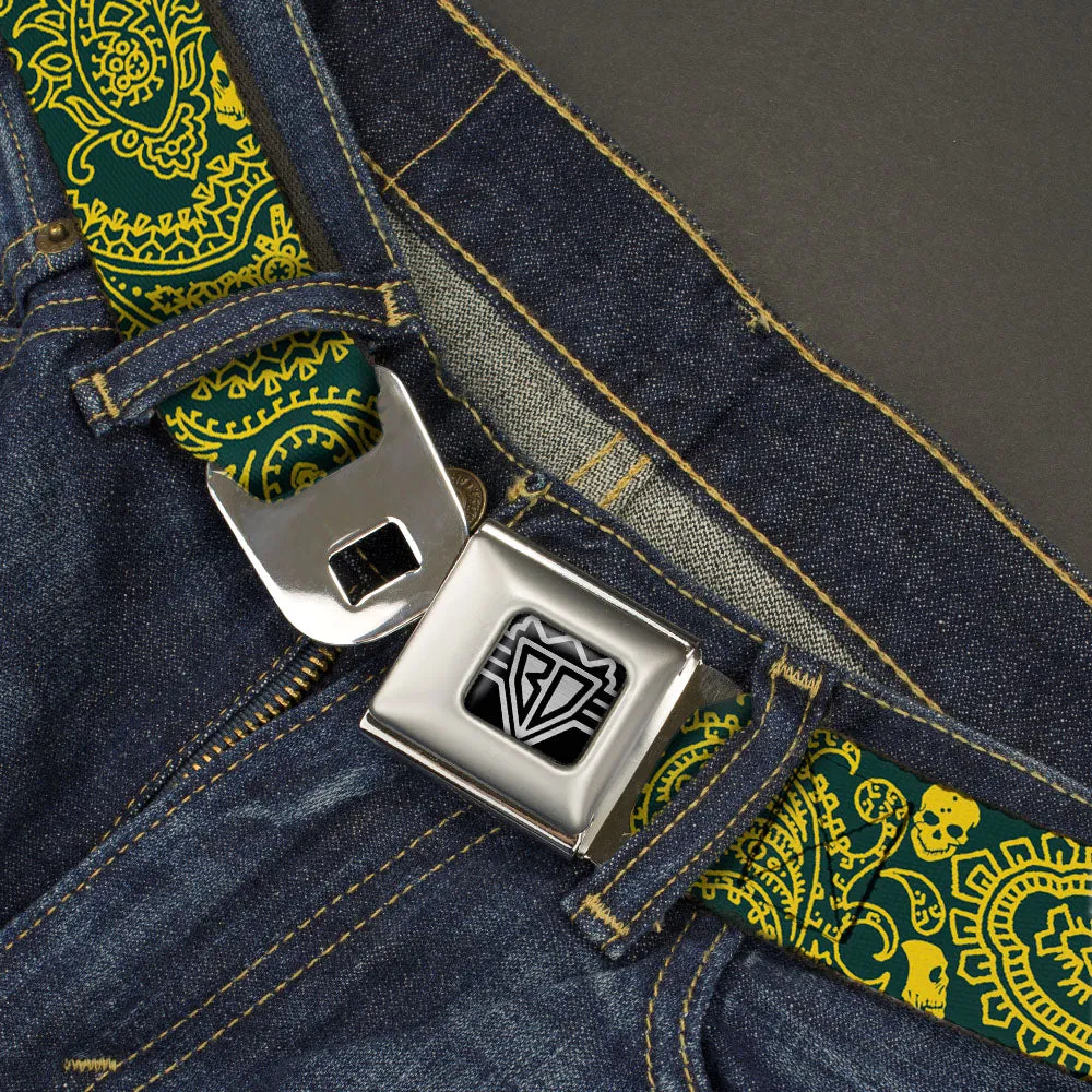 BD Wings Logo CLOSE-UP Full Color Black Silver Seatbelt Belt - Bandana/Skulls Green/Gold Webbing