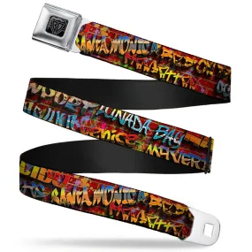 BD Wings Logo CLOSE-UP Full Color Black Silver Seatbelt Belt - Beach Tags/Paint Splatter Brick Wall/Beach Scenes Webbing