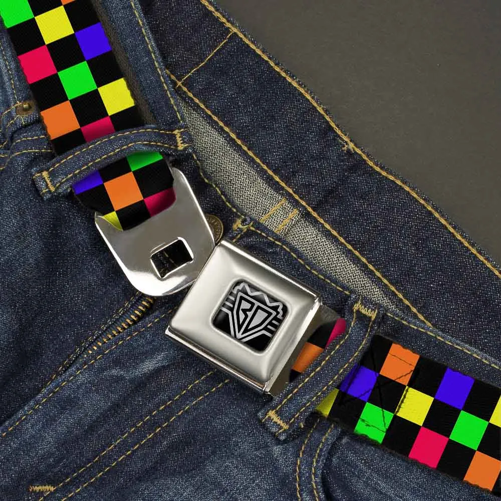 BD Wings Logo CLOSE-UP Full Color Black Silver Seatbelt Belt - Checker Black/Multi Neon Webbing