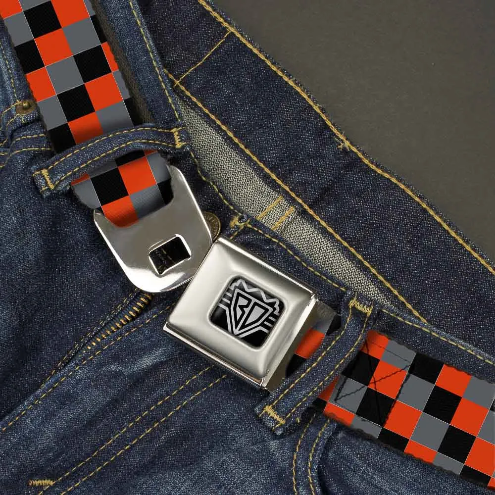 BD Wings Logo CLOSE-UP Full Color Black Silver Seatbelt Belt - Checker Trio Gray/Black/Red Webbing
