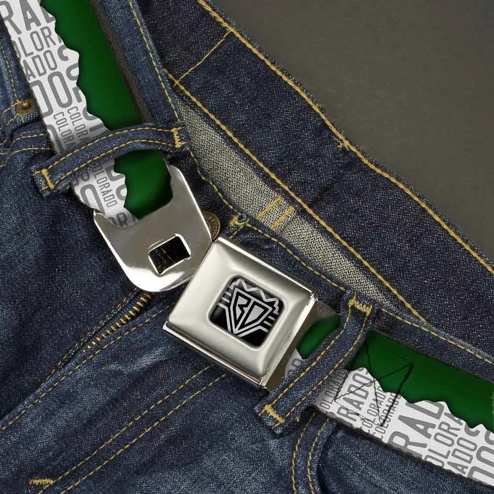 BD Wings Logo CLOSE-UP Full Color Black Silver Seatbelt Belt - Colorado Mountains Green/White/Gray Text Webbing