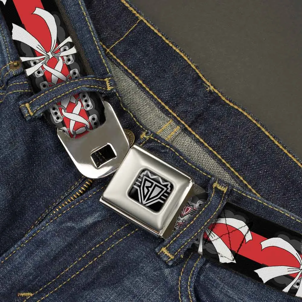 BD Wings Logo CLOSE-UP Full Color Black Silver Seatbelt Belt - Corset Lace Up w/Bow Black/Red Webbing