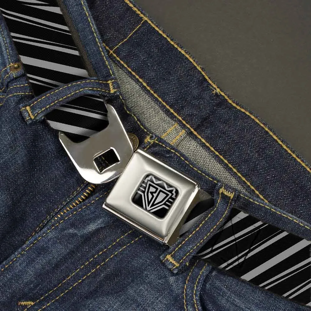 BD Wings Logo CLOSE-UP Full Color Black Silver Seatbelt Belt - Diagonal Stripes Scribble Gray/Black Webbing
