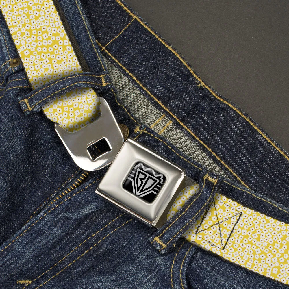 BD Wings Logo CLOSE-UP Full Color Black Silver Seatbelt Belt - Ditsy Floral Yellow/White/Brown Webbing