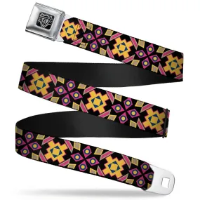 BD Wings Logo CLOSE-UP Full Color Black Silver Seatbelt Belt - Geometric Sunburst Black/Pink/Yellow/Blue Webbing