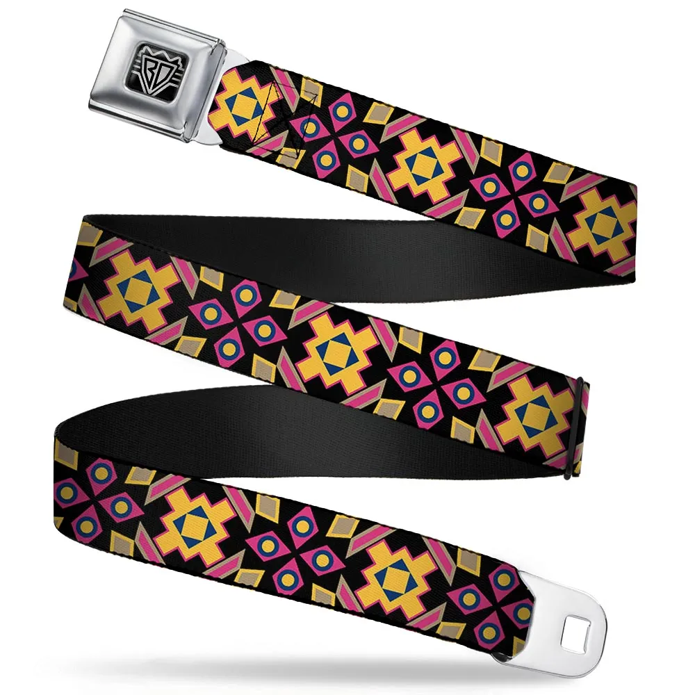 BD Wings Logo CLOSE-UP Full Color Black Silver Seatbelt Belt - Geometric Sunburst Black/Pink/Yellow/Blue Webbing