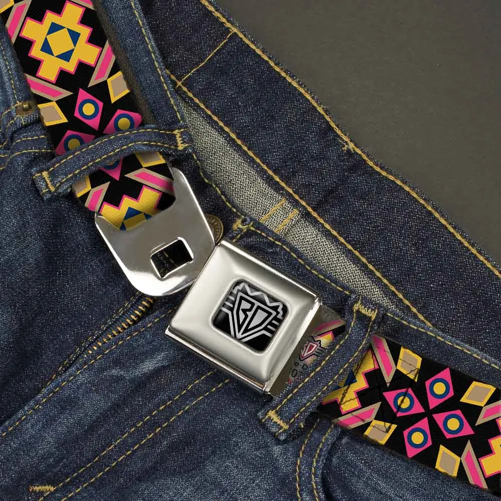 BD Wings Logo CLOSE-UP Full Color Black Silver Seatbelt Belt - Geometric Sunburst Black/Pink/Yellow/Blue Webbing
