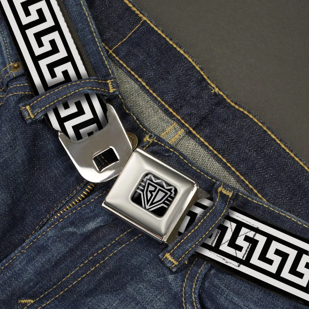 BD Wings Logo CLOSE-UP Full Color Black Silver Seatbelt Belt - Greek Key Border Black/White Webbing