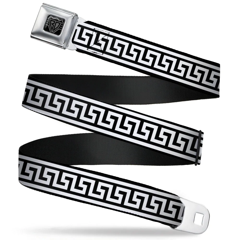 BD Wings Logo CLOSE-UP Full Color Black Silver Seatbelt Belt - Greek Key Border Black/White Webbing
