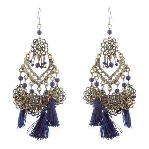 Beautiful Statement Fashion Style Tassel  Beads Dangle Earrings E952 Blue