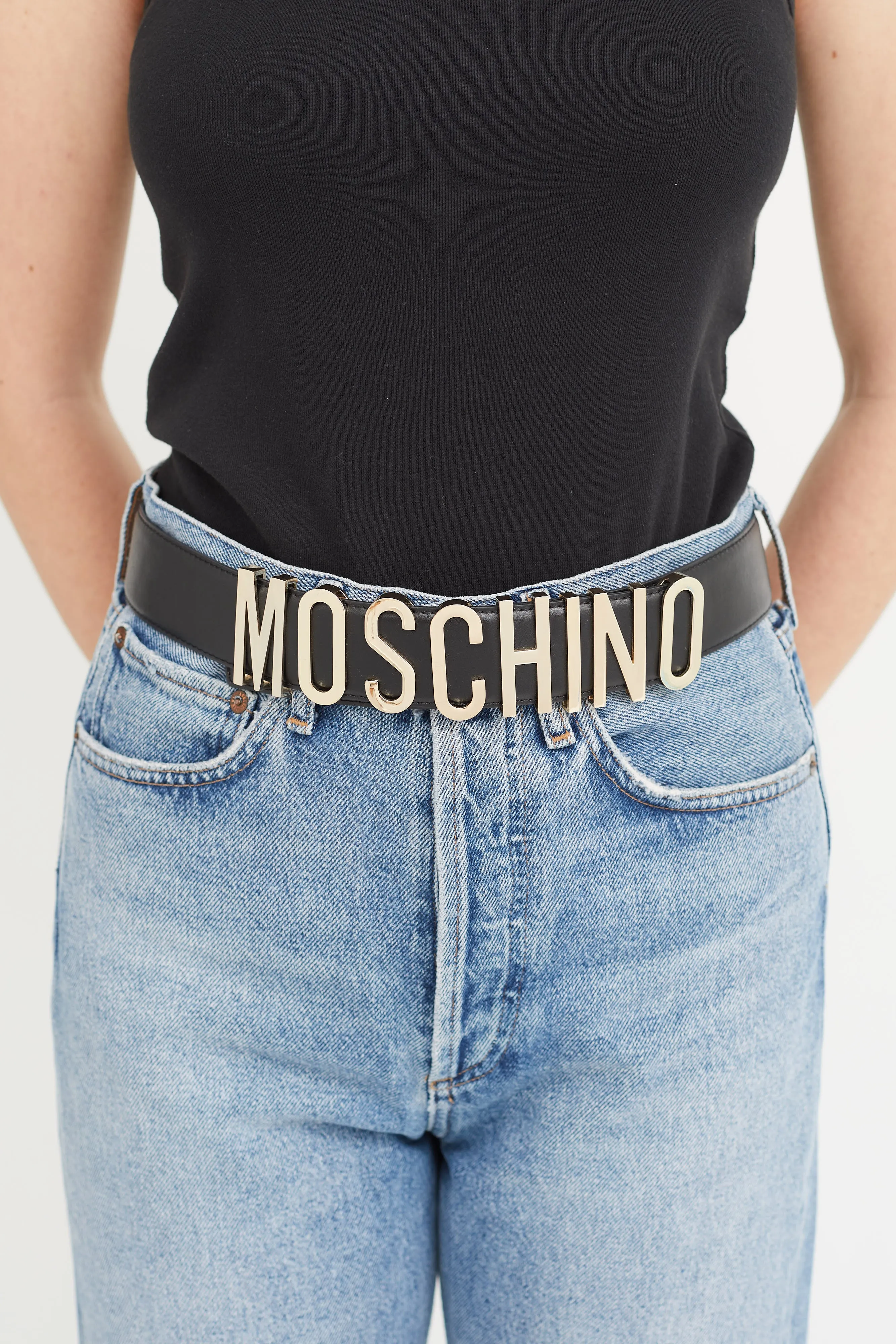Black Leather & Gold Logo Buckle Belt