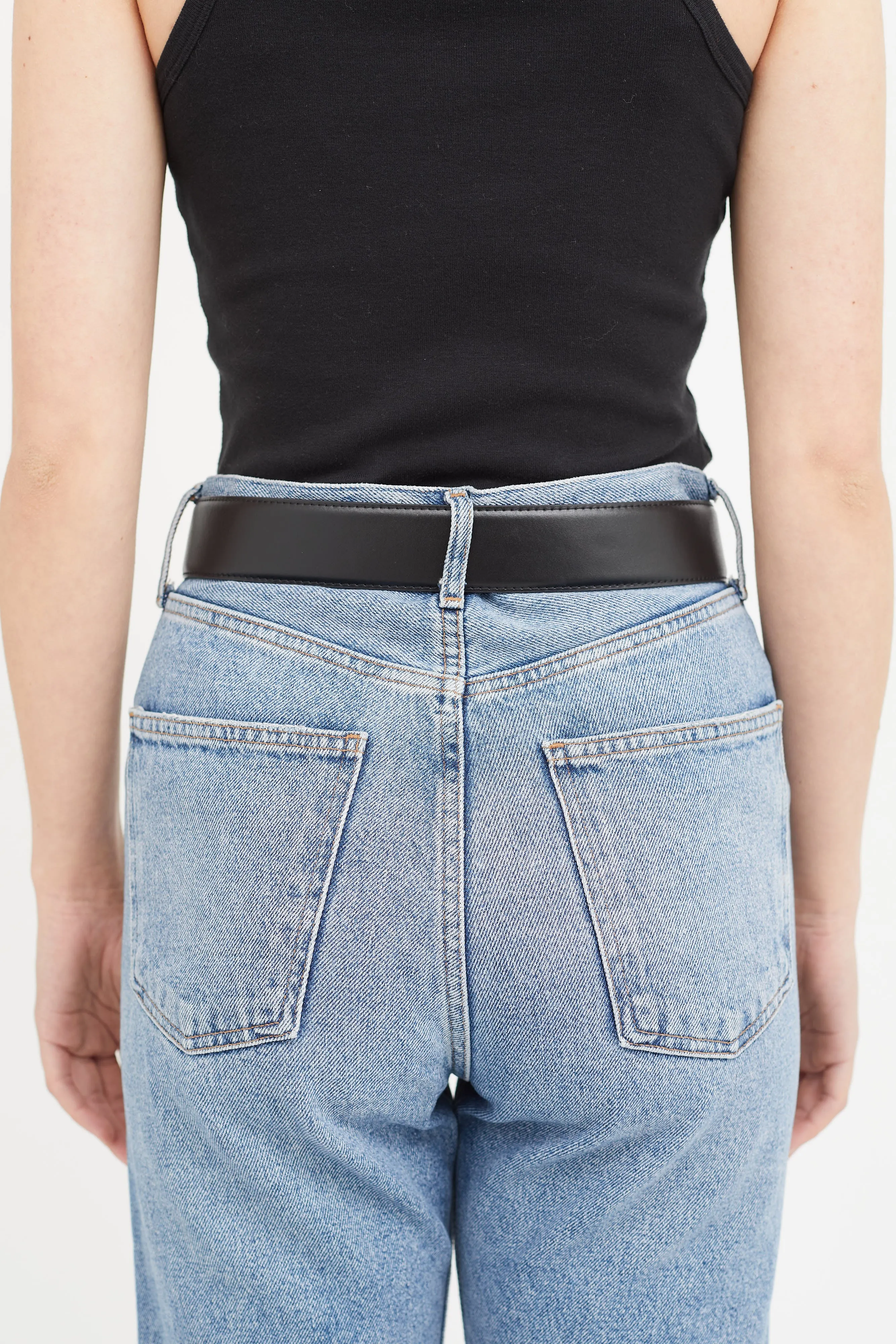 Black Leather & Gold Logo Buckle Belt