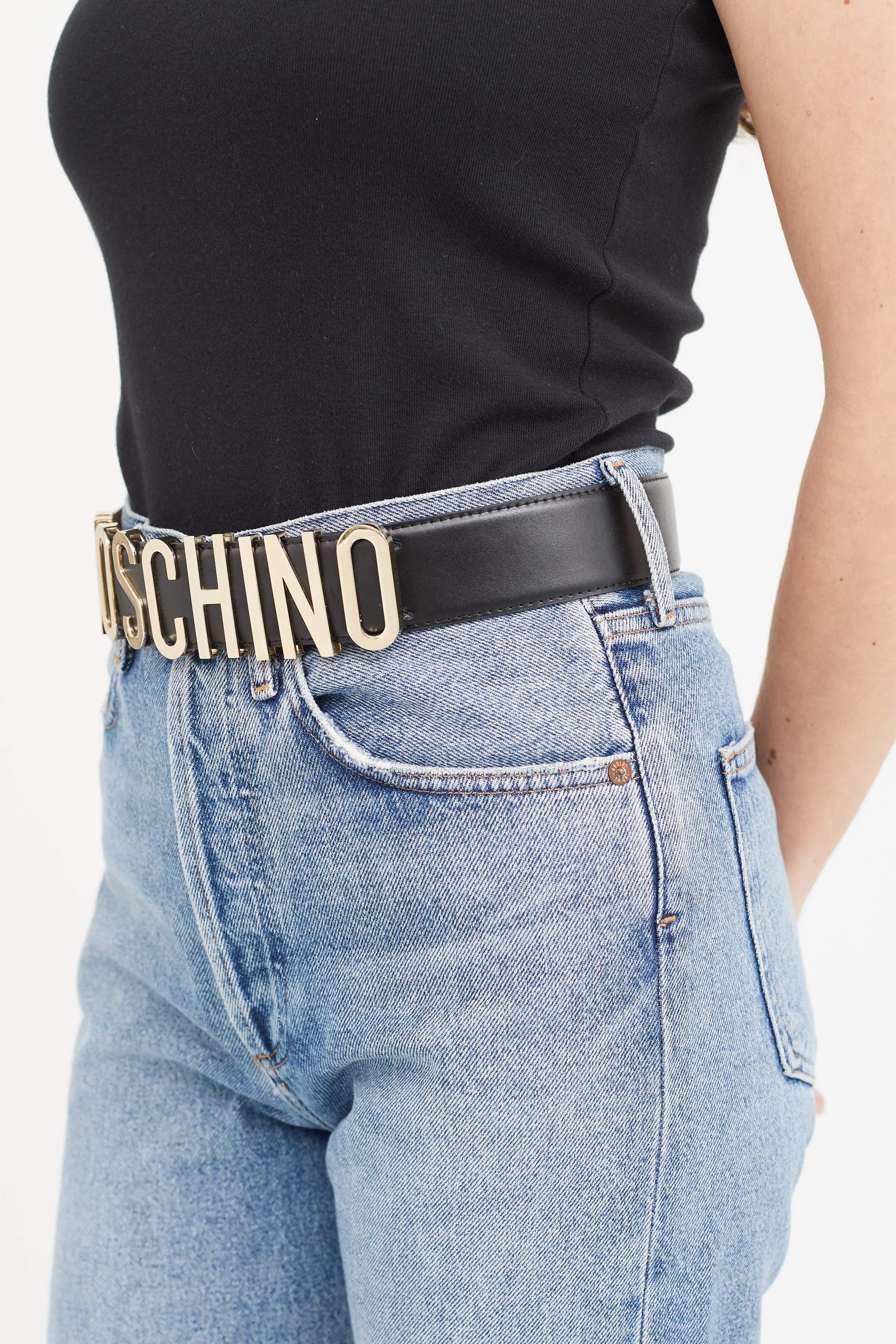 Black Leather & Gold Logo Buckle Belt
