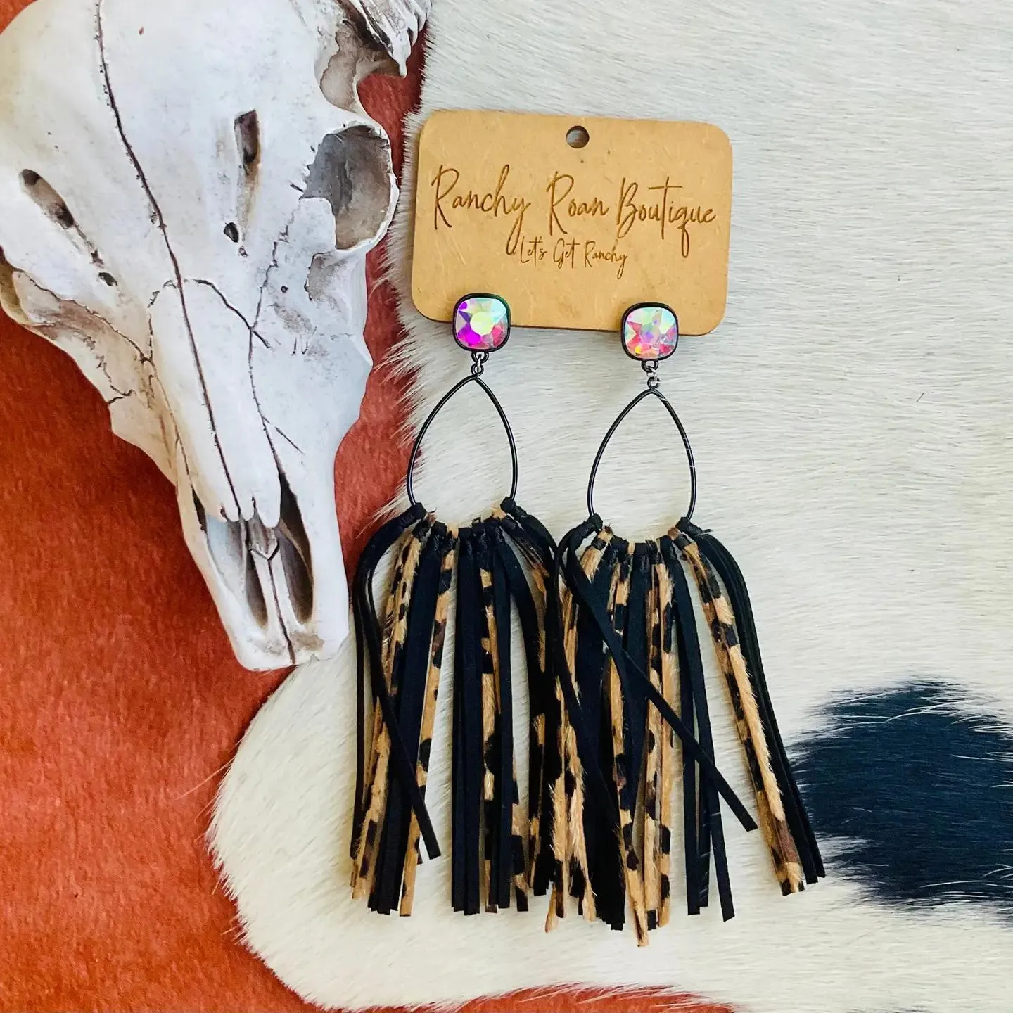 Black Western Glass Stone Teardrop Leather Tassel Stud Earrings