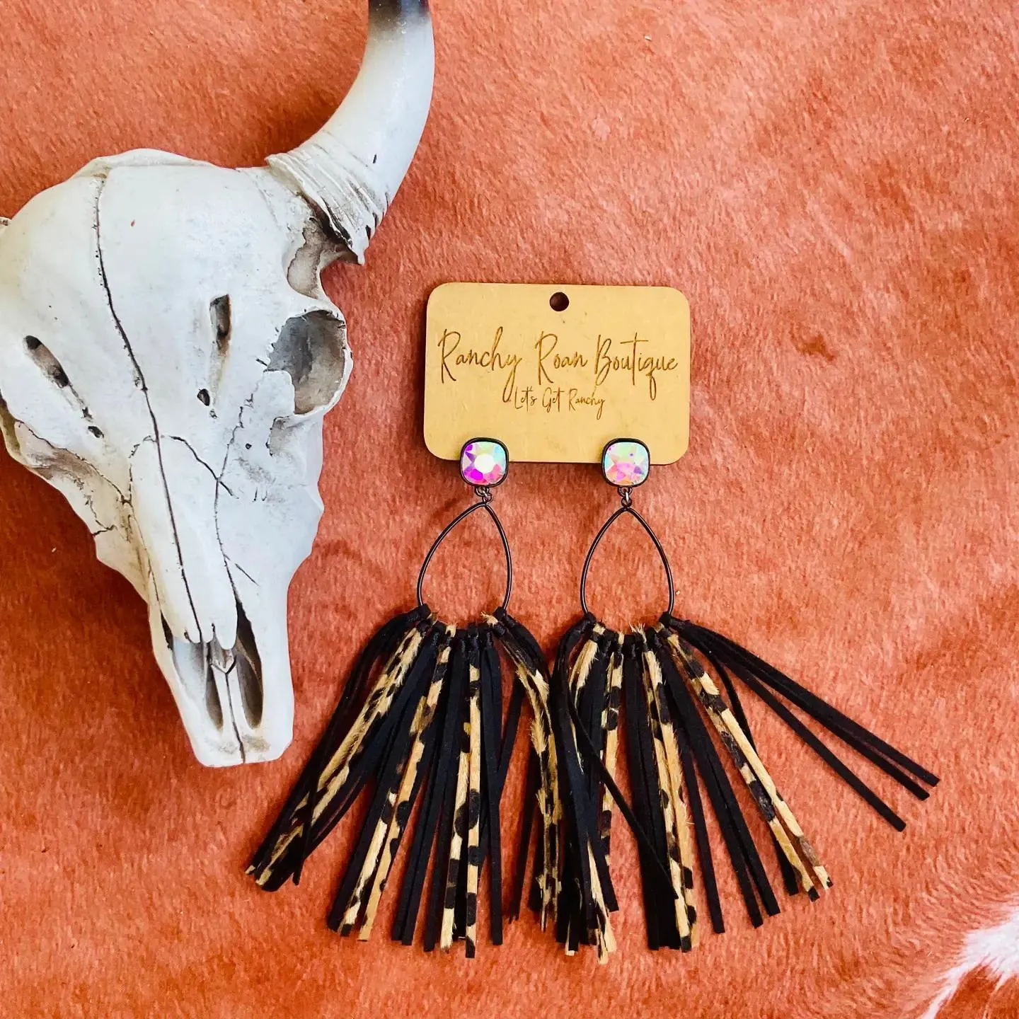 Black Western Glass Stone Teardrop Leather Tassel Stud Earrings