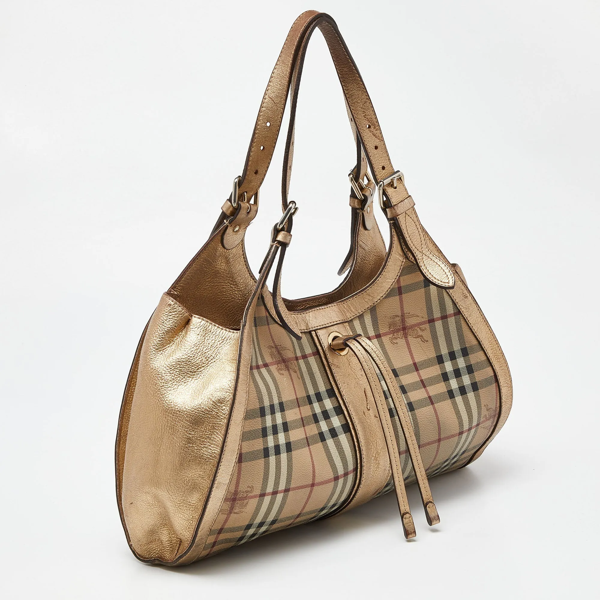 BURBERRY Beige/Gold Haymarket Check PVC and Leather Hobo