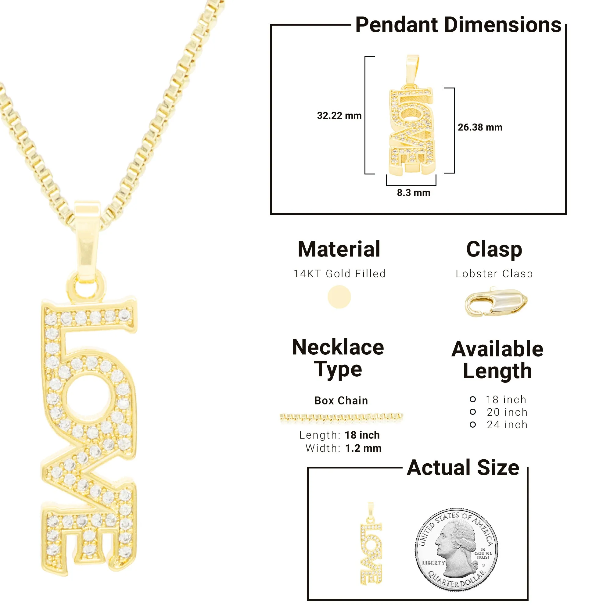 Cubic Zirconia 14K Gold Filled Long Love Pendant Necklace Set