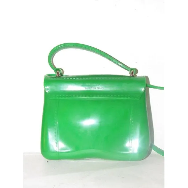 Furla, 'Candy' line, translucent lime jelly plastic, two-way style bag with gold hardware, a twist lock closure, removable strap, and a fun retro style