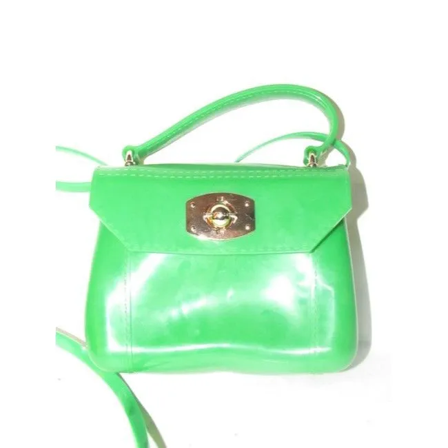 Furla, 'Candy' line, translucent lime jelly plastic, two-way style bag with gold hardware, a twist lock closure, removable strap, and a fun retro style