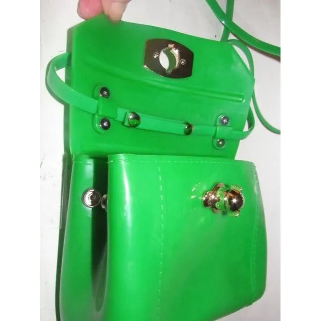 Furla, 'Candy' line, translucent lime jelly plastic, two-way style bag with gold hardware, a twist lock closure, removable strap, and a fun retro style