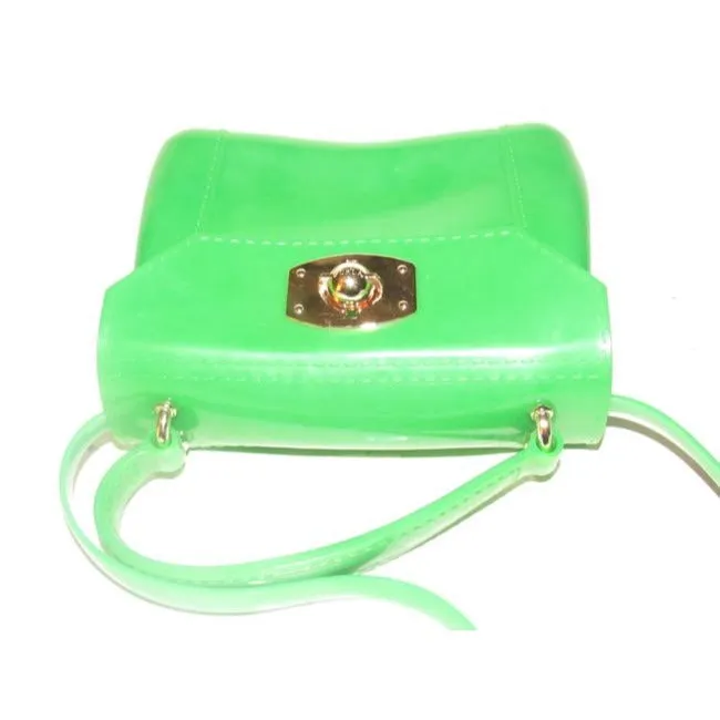 Furla, 'Candy' line, translucent lime jelly plastic, two-way style bag with gold hardware, a twist lock closure, removable strap, and a fun retro style