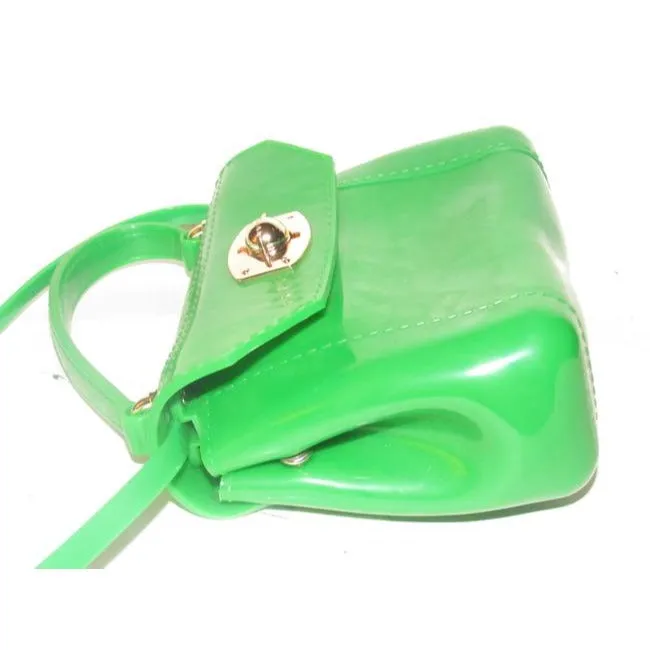 Furla, 'Candy' line, translucent lime jelly plastic, two-way style bag with gold hardware, a twist lock closure, removable strap, and a fun retro style