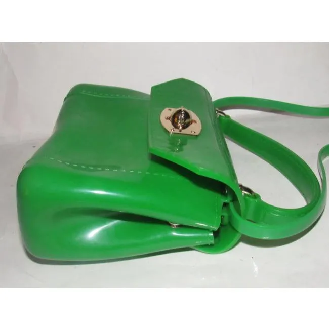 Furla, 'Candy' line, translucent lime jelly plastic, two-way style bag with gold hardware, a twist lock closure, removable strap, and a fun retro style