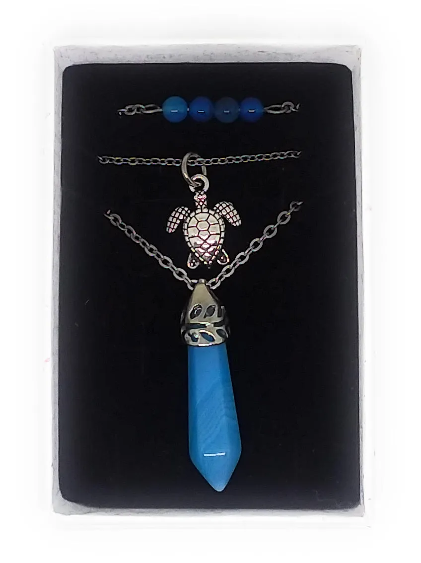 Gemstone & Charm Layered Necklace Set - Blue Agate