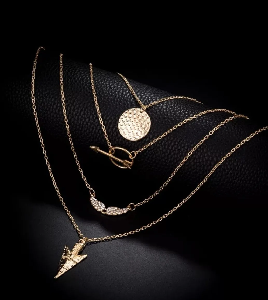 Gold Multi-layered Chain Necklace with Triangle/ Arrow/ Wing Pendants