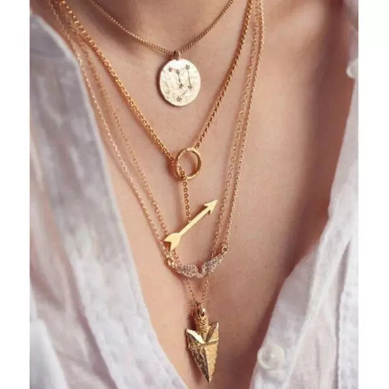 Gold Multi-layered Chain Necklace with Triangle/ Arrow/ Wing Pendants