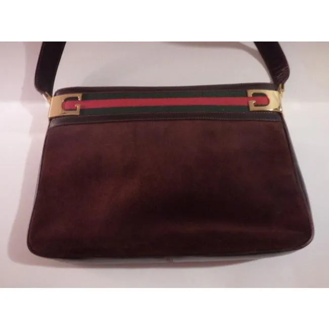 Gucci Vintage Brown Suede And Leather With Red And Green Striped Top Hobo Bag