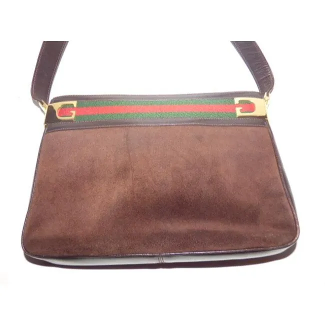 Gucci Vintage Brown Suede And Leather With Red And Green Striped Top Hobo Bag