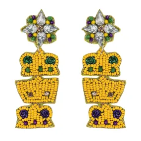 Mardi Gras Beaded Crown Iconic Handmade Festive Statement Dangle Earrings