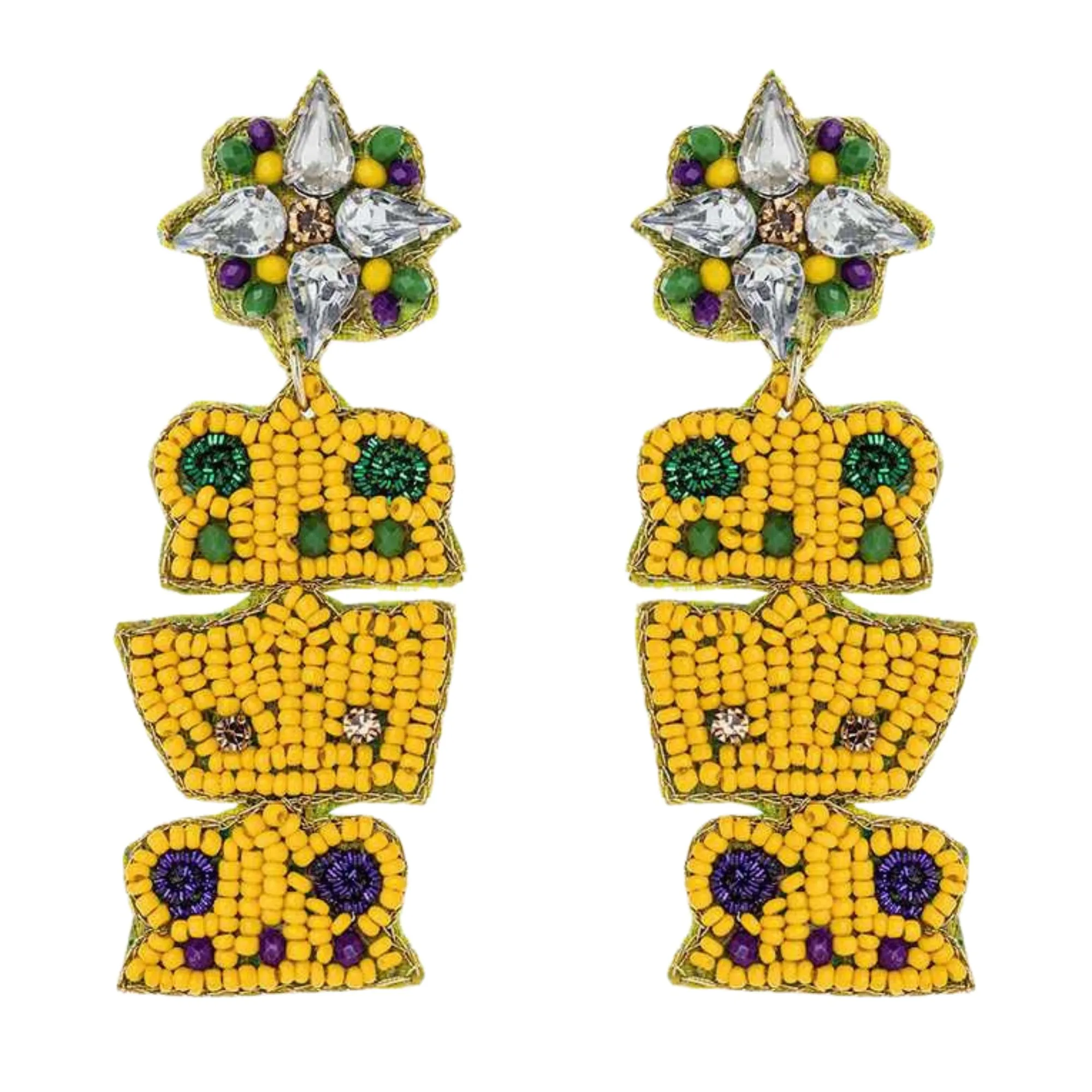 Mardi Gras Beaded Crown Iconic Handmade Festive Statement Dangle Earrings