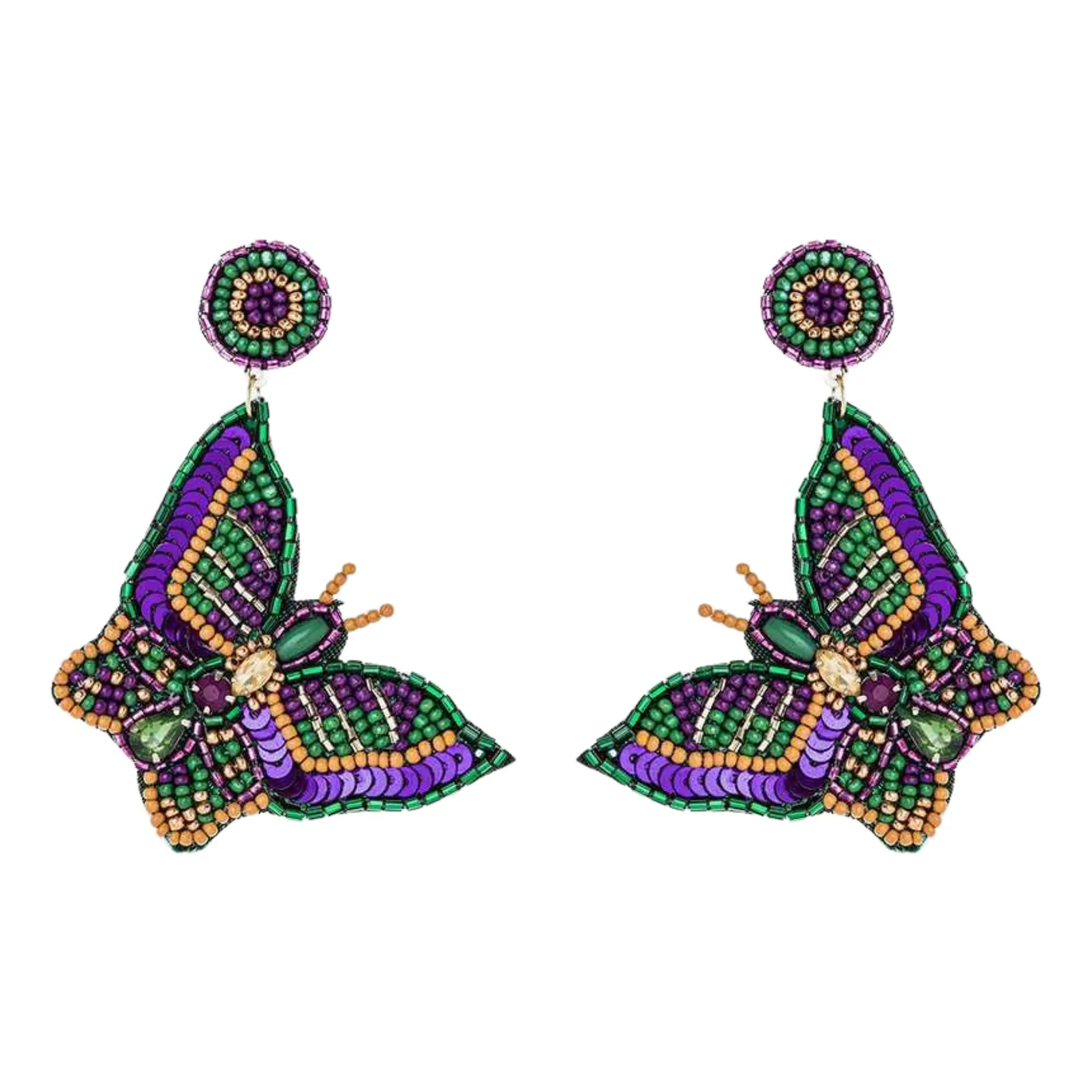 Mardi Gras Butterfly Beaded Handmade Festive Statement Dangle Earrings