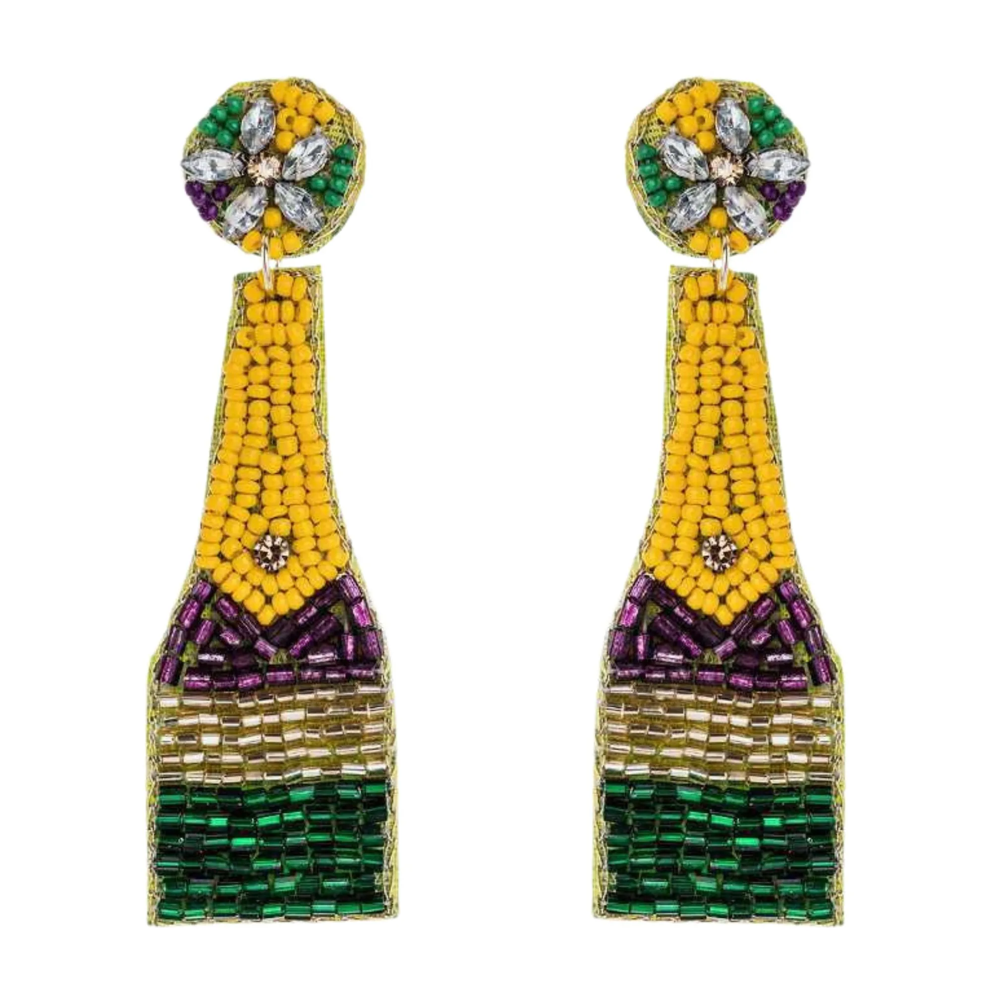 Mardi Gras Champagne Bottle Beaded Handmade Festive Statement Dangle Earrings