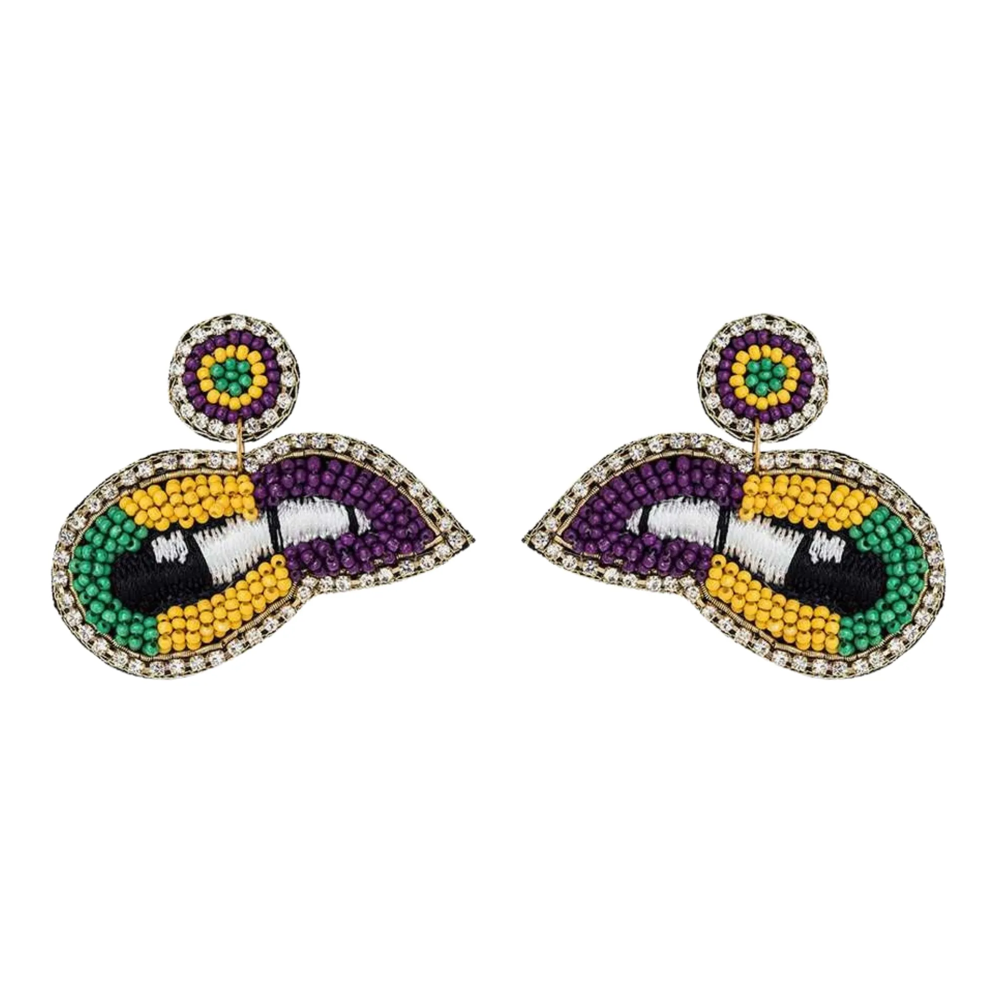 Mardi Gras Color Lips Iconic Beaded Handmade Festive Statement Dangle Earrings