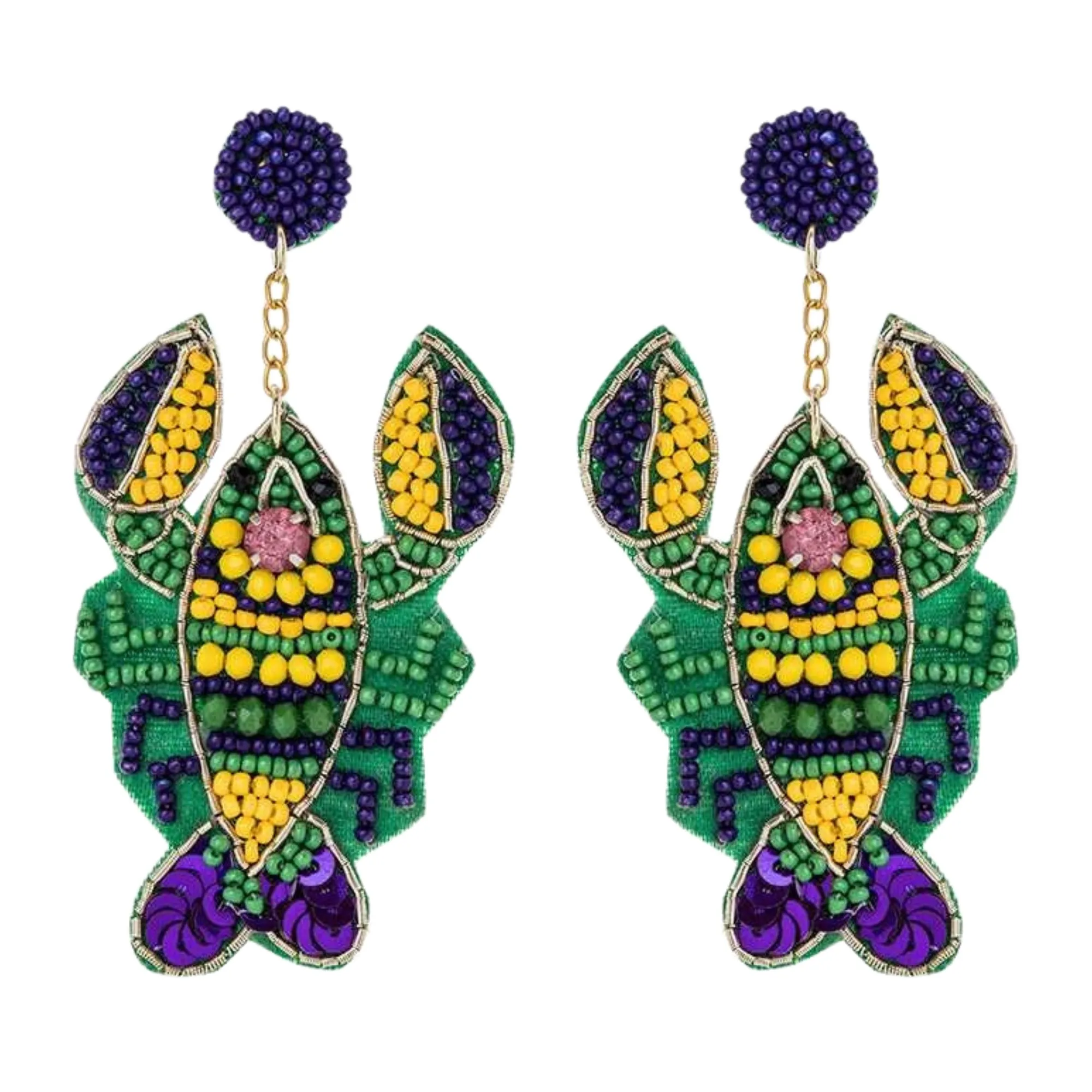 Mardi Gras Crawfish Iconic Beaded Handmade Festive Statement Dangle Earrings