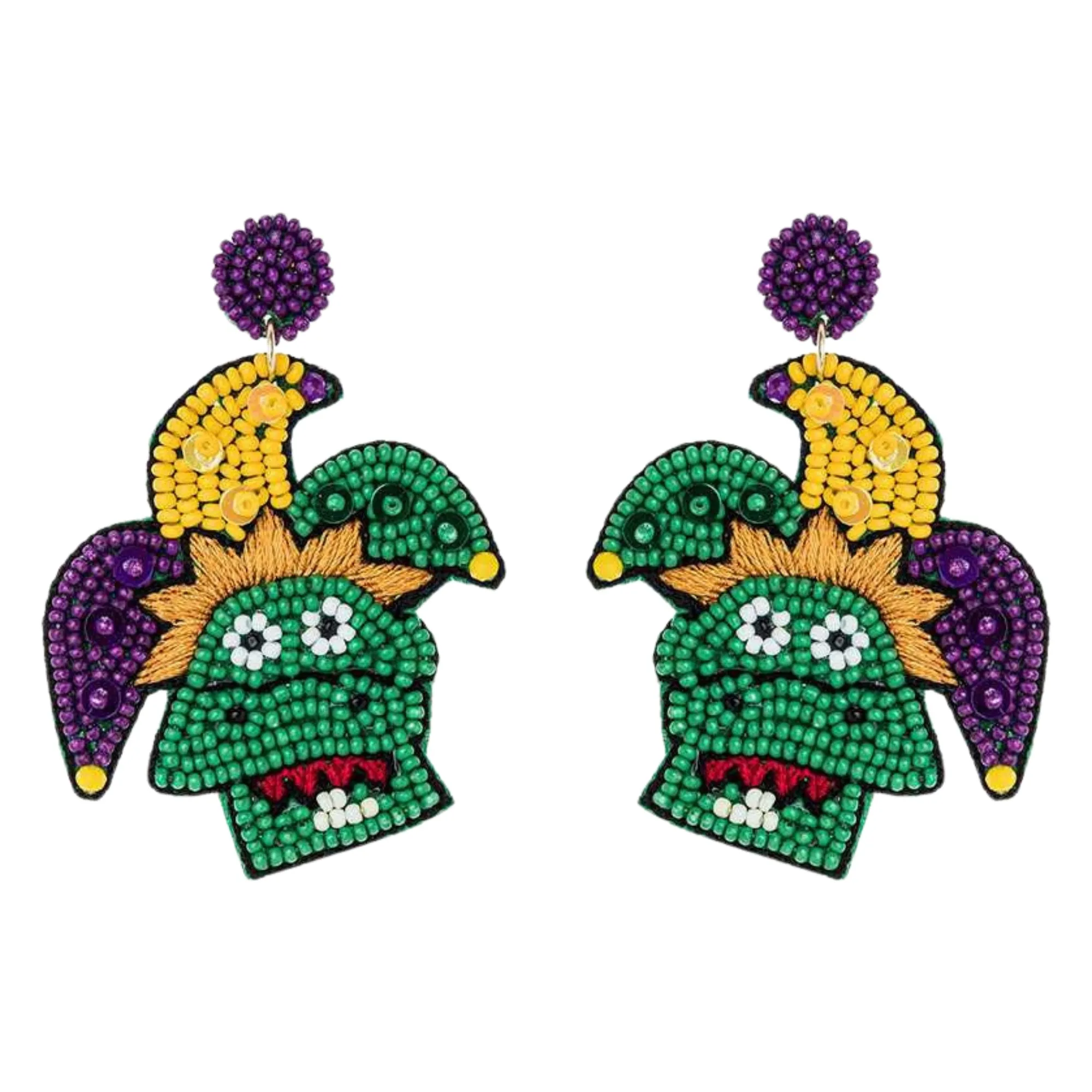 Mardi Gras Joker Beaded Handmade Festive Statement Dangle Earrings