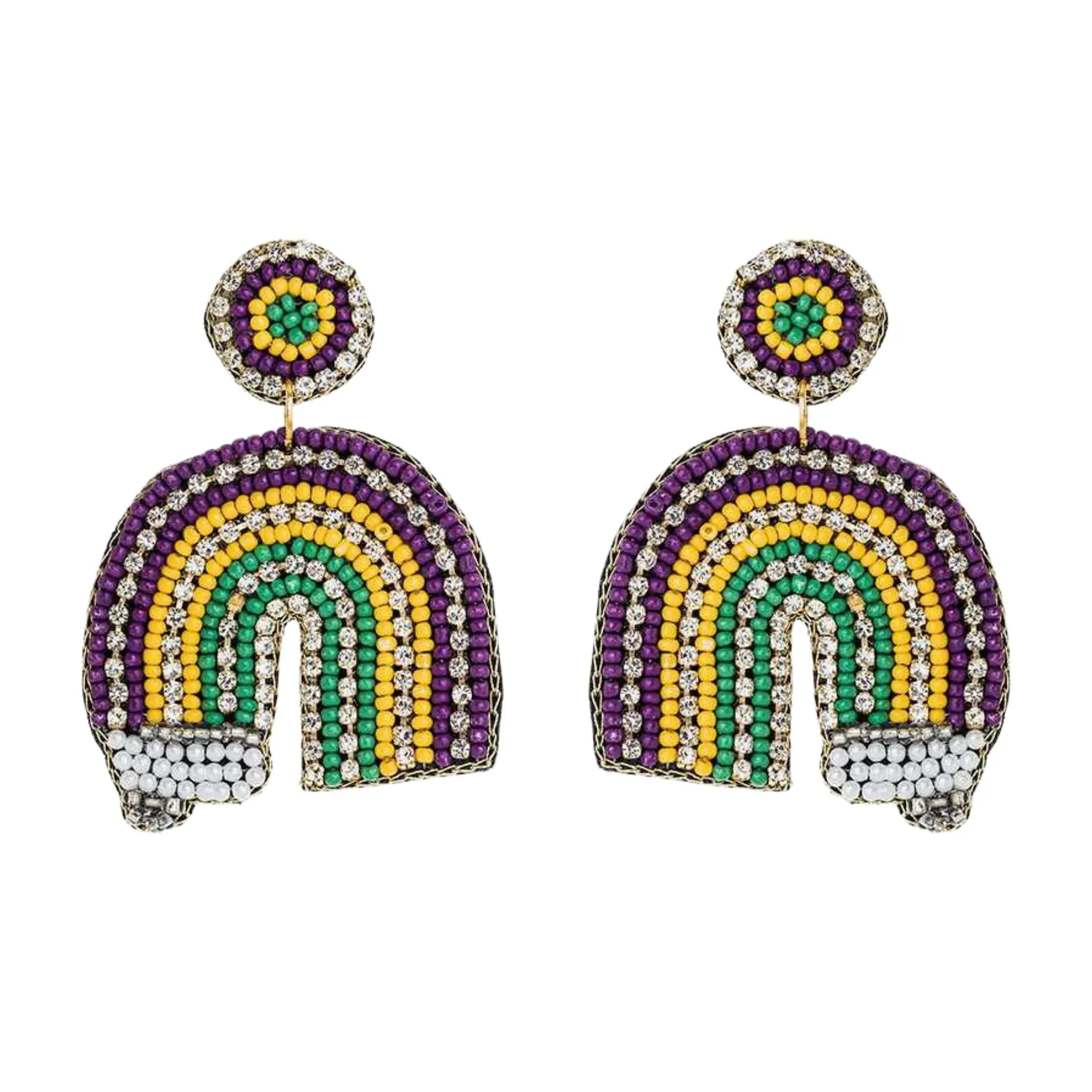 Mardi Gras Rainbow Beaded Handmade Festive Statement Dangle Earrings