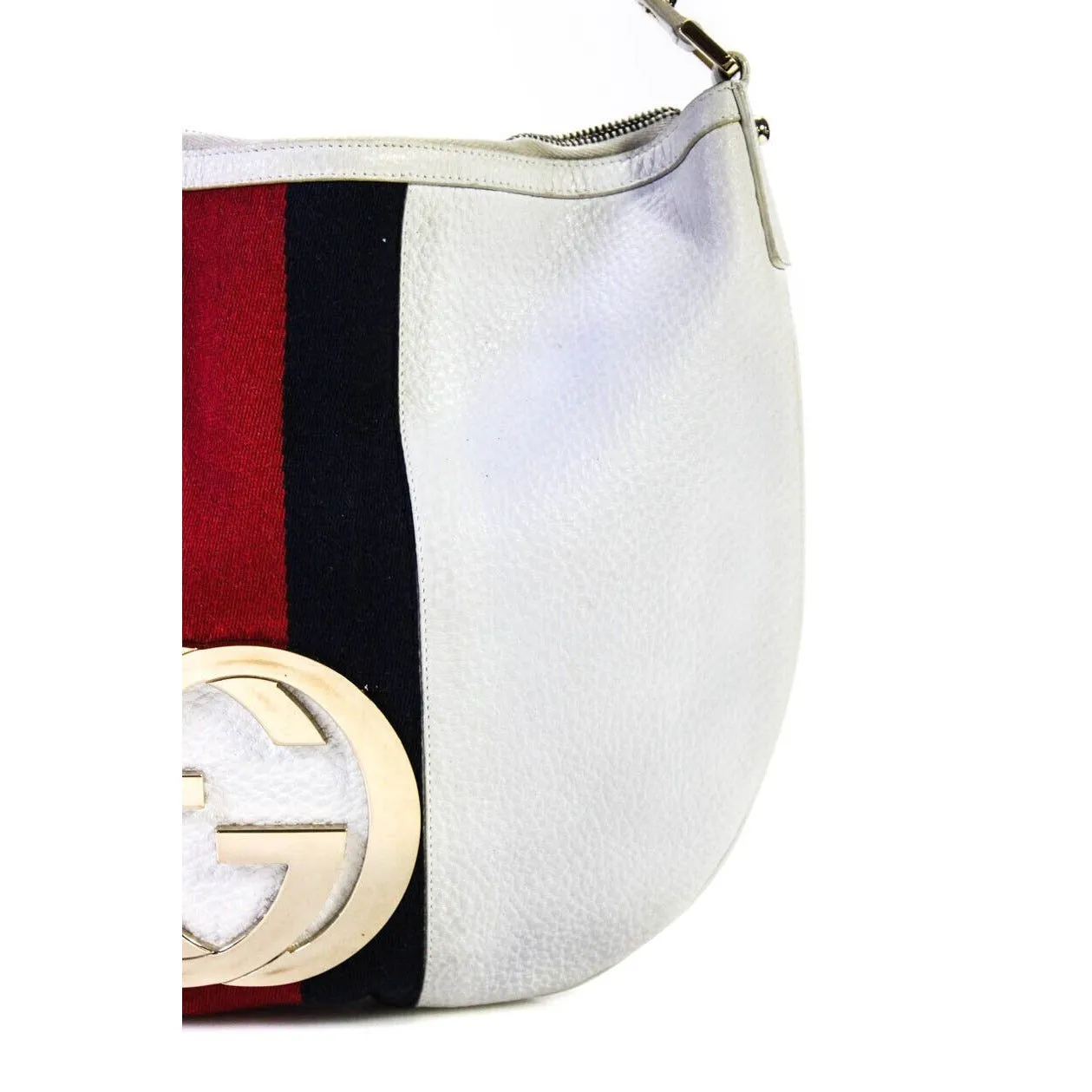 RARE, Gucci 'Blondie', white textured leather, hobo bag style, shoulder bag with a wide red and blue Sherry stripe, an XL gold 'GG' emblem