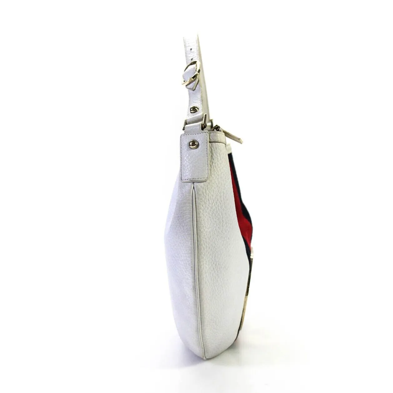 RARE, Gucci 'Blondie', white textured leather, hobo bag style, shoulder bag with a wide red and blue Sherry stripe, an XL gold 'GG' emblem