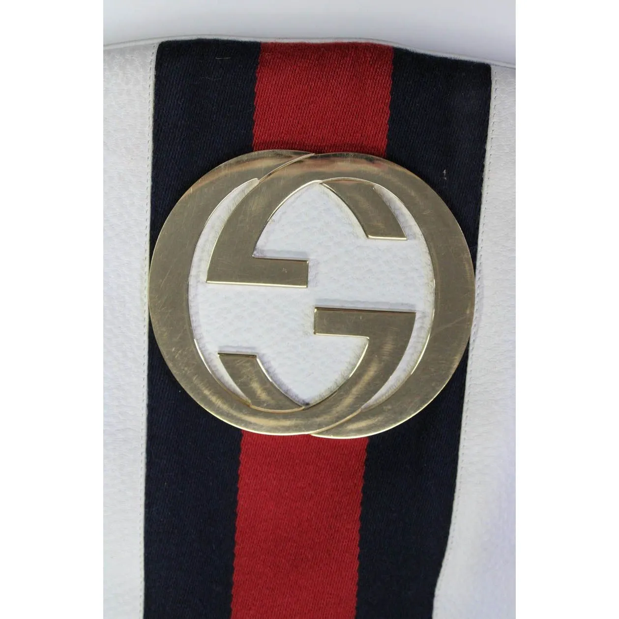 RARE, Gucci 'Blondie', white textured leather, hobo bag style, shoulder bag with a wide red and blue Sherry stripe, an XL gold 'GG' emblem